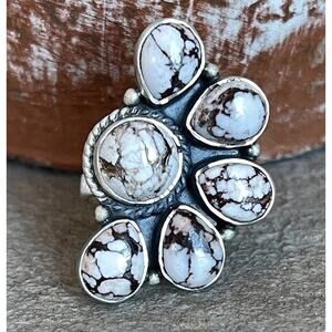 Wild Horse Turquoise Cluster Ring Southwestern Sterling Silver Adjustable